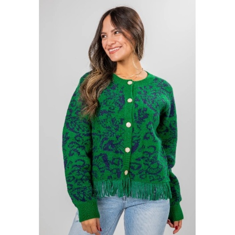 &merci Fringe Hem Jacquard Floral Boxy Cardigan Sweater Green Navy Medium NEW